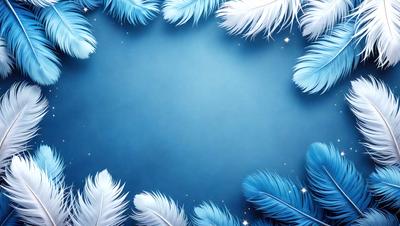 The primary subject of the image is a blue background with white feathers. The setting is a blue sky, and the visual style is a digital art or illustration. The dominant colors are blue and white, creating a calm and serene atmosphere.