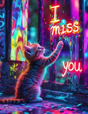 The primary subject of the image is a small kitten. The setting is a colorful and vibrant environment, possibly a graffiti-covered wall. The visual style appears to be a combination of a photo and digital art, as the kitten is depicted in a unique and creative manner. The colors and mood of the image are lively and energetic, with the kitten being the central focus of the scene.