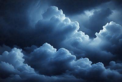 The primary subject of the image is a cloudy sky with a blue hue. The setting is a dark, cloudy day, and the visual style is a photo. The clouds are the dominant colors and create a moody atmosphere.