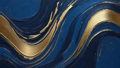 The primary subject of the image is a painting featuring a blue background with gold and blue swirls. The setting is a canvas, and the visual style is a painting. The dominant colors are blue and gold, creating a serene and calming atmosphere.