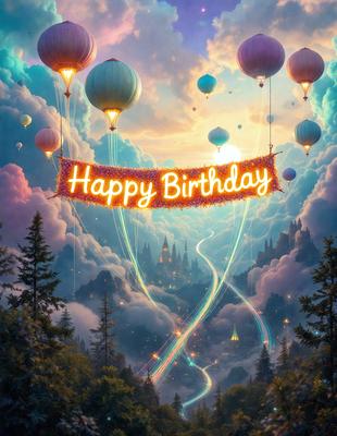 Happy Birthday: A colorful and whimsical birthday banner with balloons and a castle in the background.