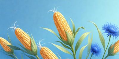 The primary subject of the image is a close-up of three ears of corn, with one of them being a close-up of a single ear. The corn is displayed against a blue background, which adds a vibrant and fresh touch to the scene. The visual style of the image is a combination of photo and digital art, creating a realistic yet artistic representation of the corn. The colors and mood of the image are predominantly warm and inviting, with the blue background providing a cool contrast to the warm tones