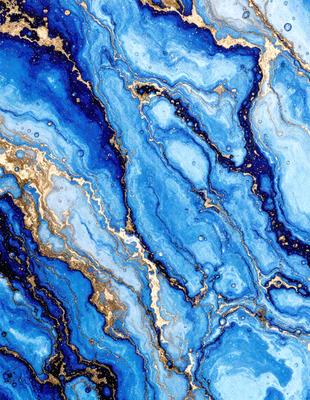 The primary subject of the image is a blue and gold marbled stone. The setting is a close-up of the marbled stone, showcasing its intricate patterns and textures. The visual style is a detailed, artistic representation of the stone, possibly as a digital art or illustration. The colors and mood of the image are predominantly blue and gold, creating a sense of elegance and sophistication.