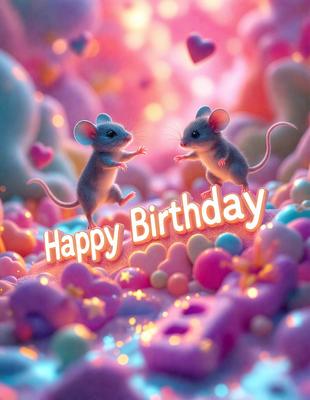 The image features two cute mice standing on a pink surface, possibly a cake or a similar background. The mice are positioned close to each other, and they appear to be interacting with each other. The scene is set in a pink and purple environment, which adds a playful and cheerful atmosphere to the image. The visual style of the image is a combination of photo and digital art, creating a unique and appealing presentation.