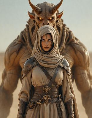 The primary subject of the image is a woman dressed in a long robe, standing in front of a large, monstrous creature. The setting appears to be a desert-like environment, with a sandy surface visible in the background. The visual style of the image is a combination of photo and digital art, creating a unique and intriguing scene. The colors in the image are predominantly earth tones, with the woman's robe being a mix of brown and white, and the monster having a darker,