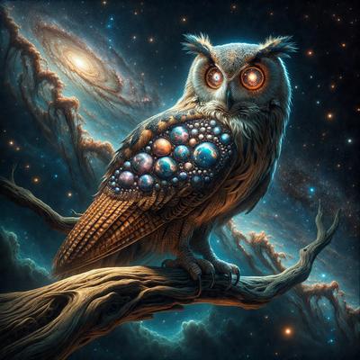 The primary subject of the image is a large, colorful owl perched on a branch. The owl is surrounded by a vibrant and lively environment, featuring a blue and purple sky with stars and planets visible in the background. The visual style of the image is a digital art or illustration, creating a captivating and imaginative scene. The colors and mood of the image are predominantly blue and purple, giving the scene a sense of wonder and magic.