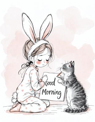 The primary subject of the image is a young girl wearing a bunny costume, sitting on the floor and writing on a sign. The setting is a room with a cat sitting next to her. The visual style is a hand-drawn illustration, giving the image a warm and cozy atmosphere. The colors are predominantly pink and white, which adds to the overall mood of the scene.