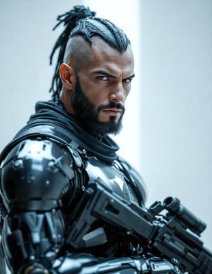 The primary subject of the image is a man wearing a futuristic outfit, holding a gun. He is standing in a room with a wall in the background. The visual style of the image is a photo, and the colors and mood are dark and intense.