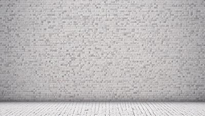 The primary subject of the image is a large, white brick wall. The setting is a brick-paved area, and the visual style is a photo. The dominant colors are white and gray, creating a clean and minimalist atmosphere.
