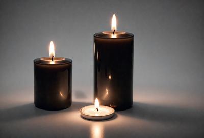 The primary subject of the image is a pair of lit candles placed on a white surface. The setting is a plain white background, and the visual style appears to be a photo. The candles are the main focus of the image, and their warm glow creates a cozy and inviting atmosphere.
