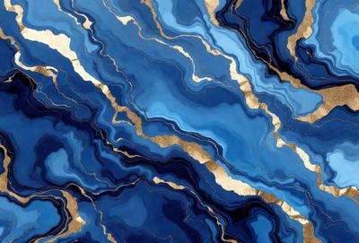 The primary subject of the image is a blue and gold marbled stone. The setting is a close-up of the marbled stone, showcasing its intricate patterns and colors. The visual style is a digital art or illustration, as the stone appears to be a digital rendering or a painting. The dominant colors are blue and gold, creating a rich and luxurious atmosphere.
