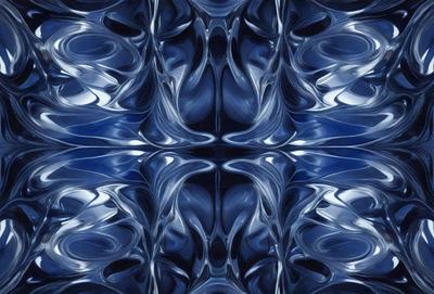 The primary subject of the image is a blue and white patterned wallpaper. The setting is a room with a blue background, and the visual style is a digital art or illustration. The dominant colors are blue and white, creating a calm and soothing atmosphere.