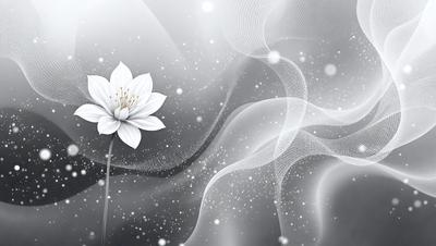 The primary subject of the image is a white flower, which is the main focus of the scene. The setting is a white background, which creates a clean and minimalist appearance. The visual style is a combination of photo and digital art, as the flower is depicted in a realistic manner while the background is a digital creation. The colors and mood of the image are predominantly white, giving it a serene and peaceful atmosphere.