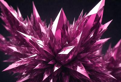The primary subject of the image is a large, purple crystal structure with multiple facets and angles. The setting is a dark background, which contrasts with the vibrant purple color of the crystal. The visual style appears to be a combination of digital art and illustration, creating a unique and intricate design. The colors and mood of the image are predominantly purple, giving it a striking and dramatic appearance.