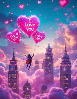 The primary subject of the image is a heart-shaped balloon with the words "I love you" written on it. The balloon is flying in the sky, and it appears to be carrying a ladybug character. The setting is a cityscape with tall buildings in the background. The visual style is a combination of digital art and illustration, creating a whimsical and playful atmosphere. The colors are predominantly pink and red, which are associated with love and affection.
