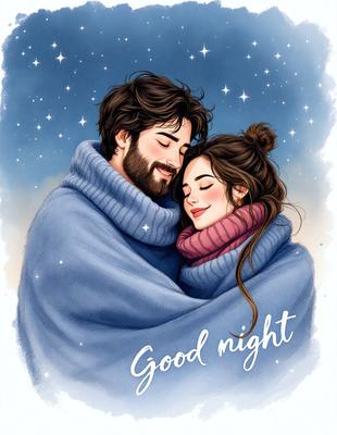 The primary subject of the image is a man and a woman hugging each other. They are both wearing sweaters, and the woman has a bow in her hair. The setting is a nighttime sky, with stars visible in the background. The visual style is a digital art or illustration, creating a warm and cozy atmosphere. The colors are predominantly blue and pink, reflecting the nighttime sky and the couple's affection for each other.