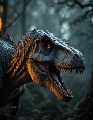 The primary subject of the image is a close-up of a dinosaur's face, specifically a Tyrannosaurus Rex. The setting is a dark forest, with the dinosaur standing in front of a tree. The visual style is a digital art, creating a realistic and detailed representation of the dinosaur. The colors and mood of the image are dark and mysterious, emphasizing the prehistoric and fearsome nature of the T-Rex.