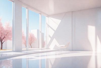 The primary subject of the image is a white chair placed in a room with a large window. The setting is a white room with a white chair, and the visual style is digital art. The colors and mood of the image are predominantly white, creating a clean and minimalist atmosphere.