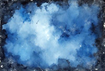 The primary subject of the image is a blue cloudy sky. The setting is a blue background, and the visual style is a painting or drawing. The colors and mood of the image are predominantly blue, creating a calm and serene atmosphere.
