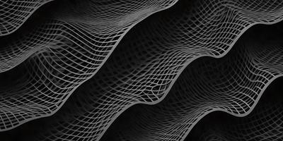 The primary subject of the image is a black and white pattern of a wavy, interconnected structure. The setting is a dark background, which contrasts with the pattern. The visual style is a combination of digital art and illustration, creating a unique and intricate design. The colors and mood of the image are predominantly dark and moody, with the interconnected structure providing a sense of depth and complexity.