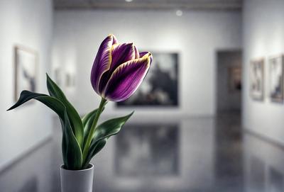 The primary subject of the image is a single purple flower in a white vase. The setting is a room with a white wall, and the visual style appears to be a photo. The dominant colors are purple and white, creating a calm and serene atmosphere.