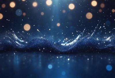 The primary subject of the image is a blue, glittery, and sparkling surface, which appears to be a blue background with a pattern of blue and white lights. The setting is a dark room, and the visual style is a digital art or illustration. The colors and mood of the image are predominantly blue and sparkling, creating a visually appealing and captivating scene.