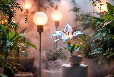 The primary subject of the image is a white flower in a small white vase. The setting is a room with a dining table and a potted plant nearby. The visual style is a photo, and the dominant colors are white and green, creating a calm and serene atmosphere.