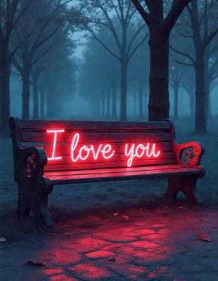 The primary subject of the image is a bench with a neon sign that reads "I Love You" on it. The bench is located in a park, surrounded by trees. The visual style of the image is a combination of a photo and digital art, creating a unique and eye-catching display. The dominant colors in the image are red and pink, which contribute to the overall warm and affectionate atmosphere.