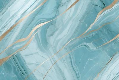 The primary subject of the image is a blue marble wall with gold accents. The setting is a bathroom, and the visual style is a photo. The dominant colors are blue and gold, creating a luxurious and elegant atmosphere.