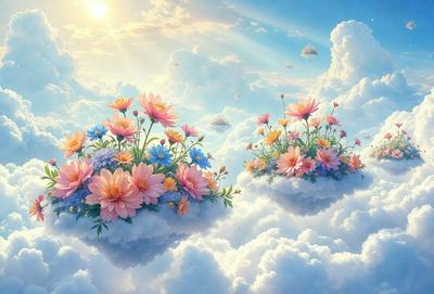 Primary subject: Flower bouquet
Setting/background: Clouds
Visual style: Digital art
Colors and mood: Bright, cheerful, and whimsical