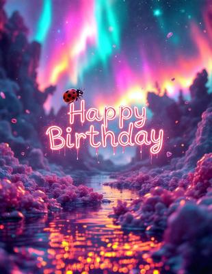 Happy birthday: [the words "Happy Birthday" are displayed in a pink and purple color scheme]

Setting/background: [a colorful, swirling, and pink and purple background is visible]

Visual style: [the image is a digital art or illustration]

Colors and mood: [the image has a bright, cheerful, and celebratory atmosphere, with the dominant colors being pink and purple]