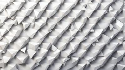 The primary subject of the image is a large white wall with a pattern of white triangles. The setting is a white room, and the visual style appears to be a digital art or illustration. The dominant colors are white, and the overall atmosphere is clean and minimalistic.