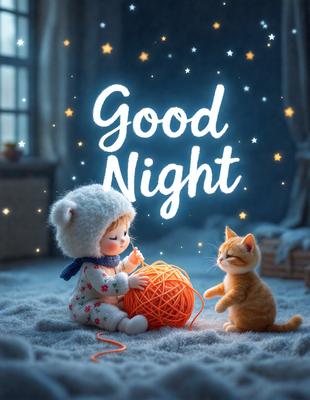 The image features a cute scene of a little girl and a cat sitting together on a bed. The girl is holding a ball of yarn, and the cat is looking at her with curiosity. The setting appears to be a cozy and comfortable environment, possibly a bedroom. The visual style of the image is a combination of photo and digital art, creating a warm and inviting atmosphere. The primary subject of the image is the girl and the cat, and the colors and mood are predominantly warm and inviting, with the