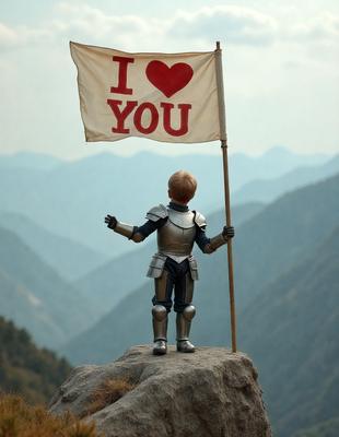 Primary subject: A young boy in a knight's suit holding a flag.

Setting/background: A mountainous landscape with a flag in the foreground.

Visual style: A photo of the boy standing on a rock.

Colors and mood: The image is in black and white, giving it a classic and timeless feel.