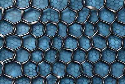 The primary subject of the image is a close-up of a blue and black patterned surface, which appears to be a textured or woven material. The setting is a blue background, and the visual style is a close-up of the pattern. The dominant colors are blue and black, creating a moody and intricate atmosphere.
