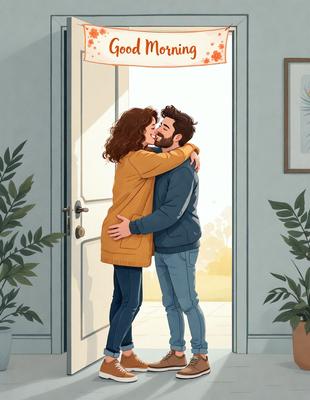 The primary subject of the image is a man and a woman standing close to each other, with the man hugging the woman. They are both wearing sweaters, and the woman is wearing a yellow sweater. The setting is a doorway, and the visual style is a hand-drawn illustration. The colors and mood of the image are warm and intimate, with the couple embracing each other in a loving and affectionate manner.