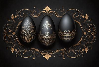 The primary subject of the image is three decorated eggs, each with a unique design. The setting is a black background, which contrasts with the vibrant colors of the eggs. The visual style is a combination of digital art and illustration, creating a striking and eye-catching display. The colors and mood of the image are lively and energetic, with the eggs serving as the focal point of the composition.