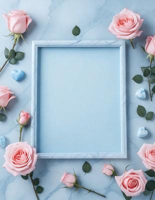 The primary subject of the image is a picture frame with a blue background. The setting is a beautiful arrangement of pink and white flowers, creating a romantic and elegant atmosphere. The visual style is a combination of a photo and digital art, as the flowers are depicted in a realistic manner, while the blue background and the overall composition give it a digital art touch. The colors and mood of the image are predominantly pink and white, which evoke feelings of love, warmth, and tenderness.