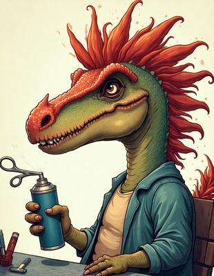 The primary subject of the image is a cartoon dinosaur with a blue bottle in its mouth. The setting is a cartoon-like environment, and the visual style is a comic illustration. The dominant colors are blue and orange, creating a lively and fun atmosphere.