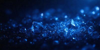 The primary subject of the image is a group of three blue crystals, which are the main objects in the scene. The setting is a dark blue background, which creates a contrasting and dramatic effect. The visual style of the image is a combination of photo and digital art, as it appears to be a close-up of the crystals against a blue background. The colors and mood of the image are predominantly dark and moody, with the blue crystals standing out against the black background.