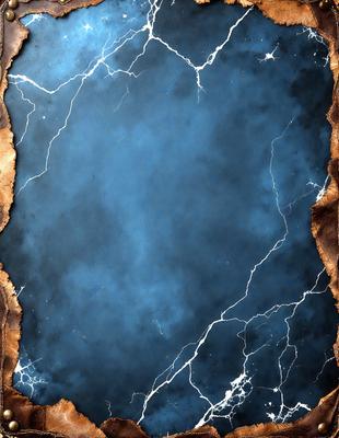 The primary subject of the image is a blue and white marble-like surface with a lightning bolt pattern. The setting is a dark, moody environment, possibly a cave or an underground space. The visual style is a combination of digital art and illustration, creating a unique and striking design. The colors and mood of the image are predominantly dark and dramatic, with the blue and white marble-like surface providing a striking contrast against the dark background.