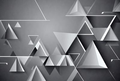 The primary subject of the image is a series of triangles, which are the main objects in the scene. The setting is a gray background, which creates a contrast with the triangles. The visual style of the image is digital art, as it appears to be a pattern or a design created using digital tools. The dominant colors in the image are gray and white, giving it a clean and minimalist appearance.
