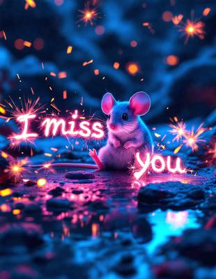 The primary subject of the image is a small mouse with a heart-shaped message written on it. The mouse is sitting on a rock, and the message reads "I miss you." The setting is a nighttime scene with a sparkling background, giving the image a magical and enchanting atmosphere. The visual style is a combination of digital art and illustration, creating a unique and captivating image. The colors and mood are predominantly warm and inviting, with the heart-shaped message symbolizing love and