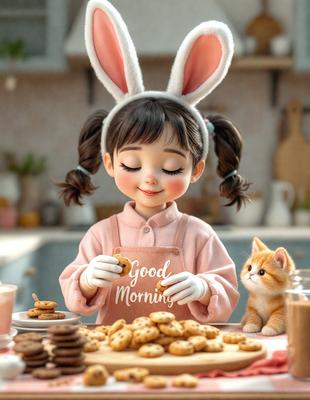 The primary subject of the image is a young girl wearing bunny ears and a pink shirt. She is sitting at a table and eating cookies. The setting is a kitchen, with various items such as a cup, a bowl, and a spoon visible on the table. The visual style is a combination of photo and digital art, creating a whimsical and playful atmosphere. The colors are predominantly pink and white, which adds to the overall cheerful mood of the scene.