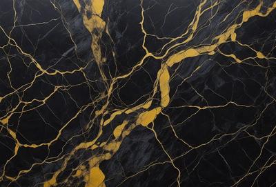 The primary subject of the image is a marble countertop with a yellow and black pattern. The setting is a kitchen, and the visual style is a close-up of the marble countertop. The dominant colors are yellow and black, creating a bold and striking appearance.