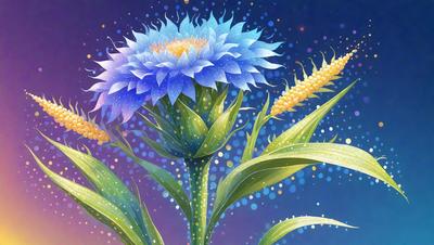 The primary subject of the image is a blue flower with yellow pollen, which is the main focus of the image. The setting is a blue background, which creates a contrasting and visually appealing environment. The visual style of the image is a combination of digital art and illustration, giving it a unique and artistic appearance. The dominant colors in the image are blue and yellow, creating a sense of freshness and vibrancy.