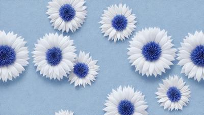 The primary subject of the image is a group of white and blue flowers. The flowers are arranged in a pattern, with some of them having blue centers. The setting is a blue surface, which serves as the background for the flowers. The visual style of the image is a combination of photo and digital art, creating a vibrant and visually appealing scene. The dominant colors in the image are white and blue, giving the flowers a fresh and lively appearance.