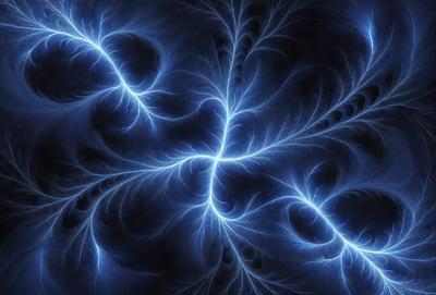 The primary subject of the image is a blue lightning bolt, which is the main object, scene, or focus of the image. The setting or background features a black background, which adds to the overall atmosphere. The visual style of the image is digital art, as it appears to be a digital illustration or drawing. The dominant colors in the image are blue and black, creating a striking and dramatic visual effect.