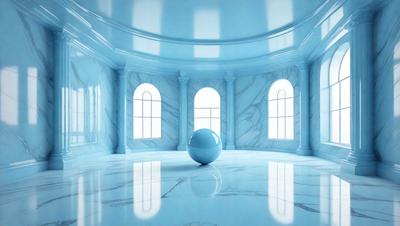 The primary subject of the image is a large blue sphere, which is the main object in the scene. The setting is a large, open, and empty room with a marble floor. The visual style of the image is digital art, as it appears to be a computer-generated or digitally manipulated image. The dominant colors in the image are blue and white, creating a calm and serene atmosphere.