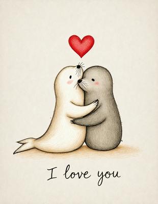 The image features a heartwarming scene of two seals, one white and one grey, cuddling and kissing each other. The seals are positioned close to each other, with one seal on top of the other. The setting is a white background, which provides a clean and simple backdrop for the scene. The visual style of the image is a combination of digital art and illustration, creating a charming and endearing image. The colors and mood of the image are predominantly warm and affection